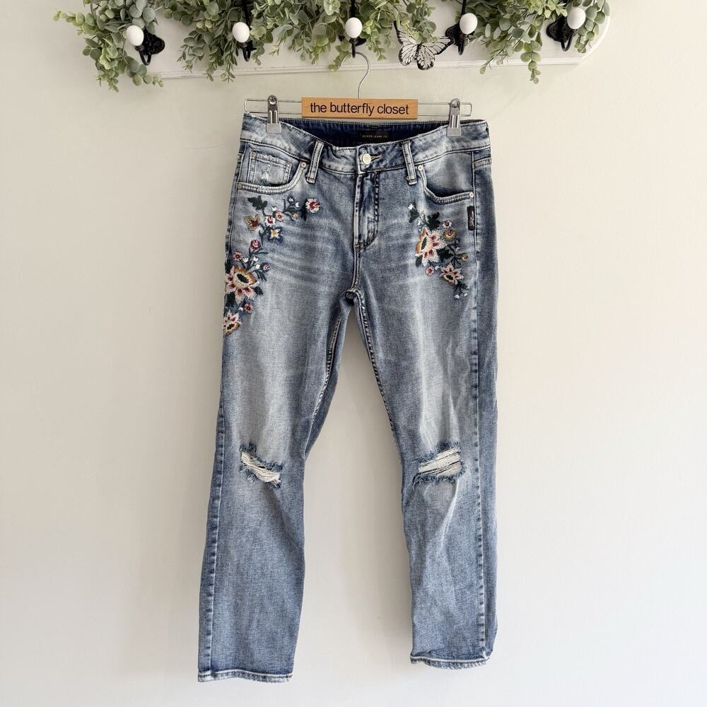 Silver Women’s Floral Avery Embroidered Distressed Straight Leg Jeans Size 29 T5